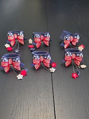 4th Of July Patriotic Napkin Rings with Star Charms - Red, White & Blue S/6